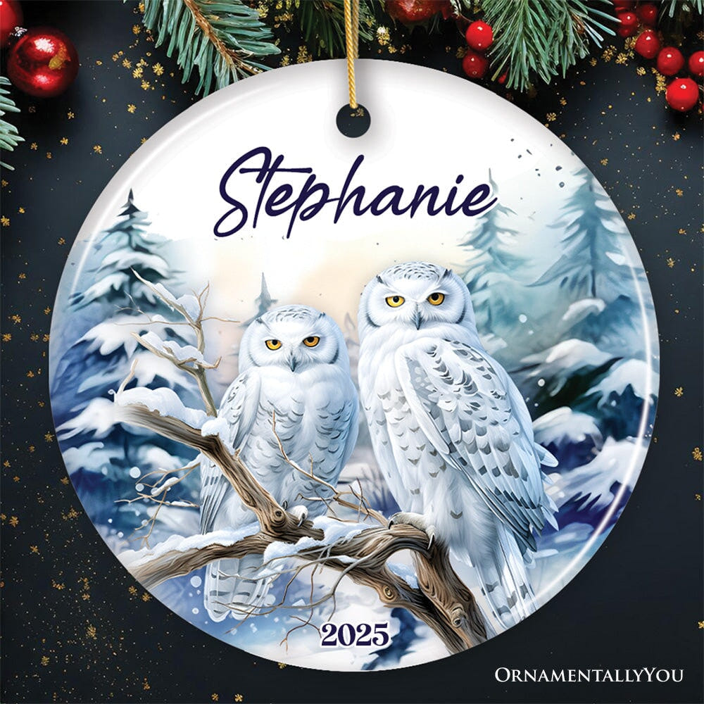 Snowy Owl Personalized Ornament, Grand Arctic Majesty Christmas Gift With Custom Name and Date Ceramic Ornament OrnamentallyYou Circle 