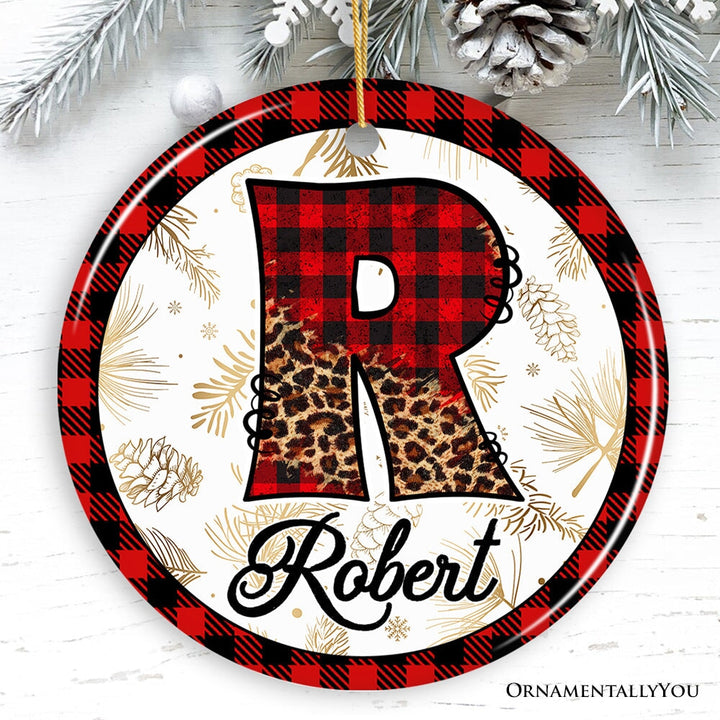 Buffalo Plaid Alphabet Personalized Christmas Ornament, Family Members Name Collection Ceramic Ornament OrnamentallyYou Circle 