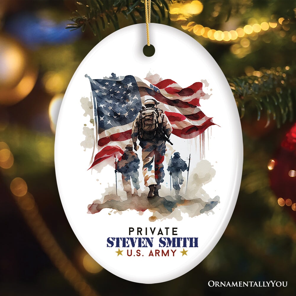 U.S. Army Private Personalized Ornament, Veteran Christmas Decor and Military Gift Ceramic Ornament OrnamentallyYou Oval 