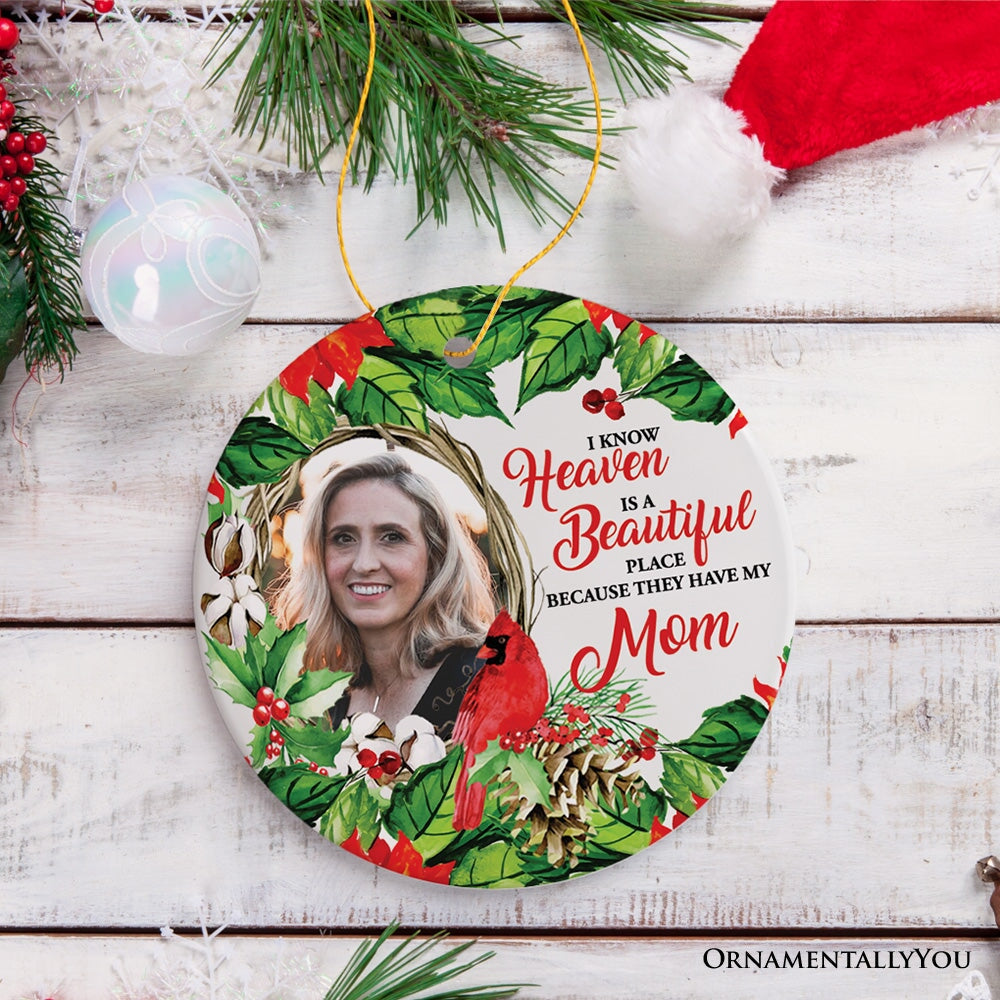 Deceased Family Wreath Portrait Personalized Ornament, Heaven is a Beautiful Place Quote with Cardinal Art Ceramic Ornament OrnamentallyYou 