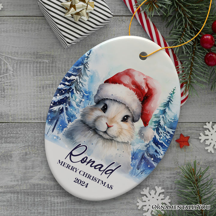 Cute Bunny with Santa Hat Personalized Ornament, Winter Forest Christmas Gift With Custom Name and Date