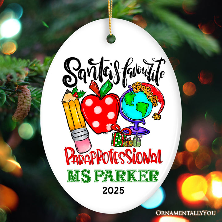 Festive Santa’s Favorite Paraprofessional Personalized Christmas Ornament, Custom Educational Assistant Gift