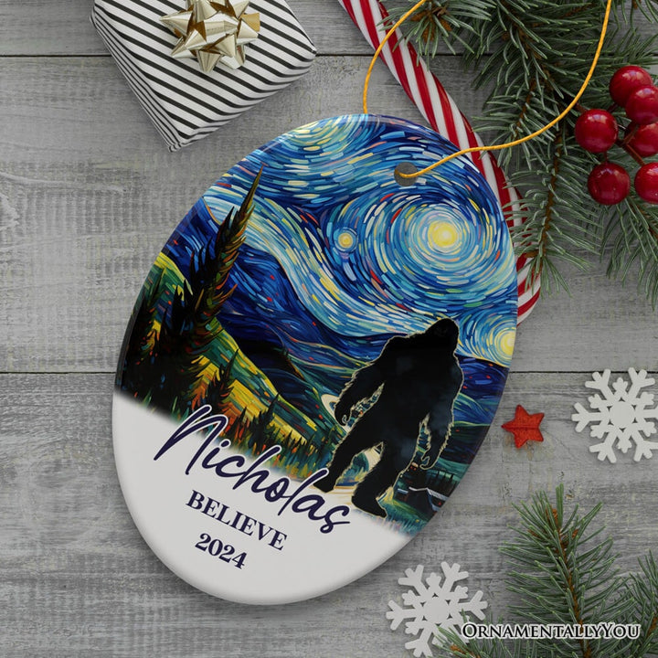 Bigfoot by Vincent Van Gogh Personalized Christmas Ornament, Believe Funny Gift Ceramic Ornament OrnamentallyYou Oval 