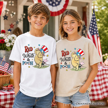 Kids Red White & Proud Winnie-the-Pooh T-Shirt, 1926 A.A. Milne Youth Patriotic 4th of July Tee Kid's T-Shirts OrnamentallyYou 