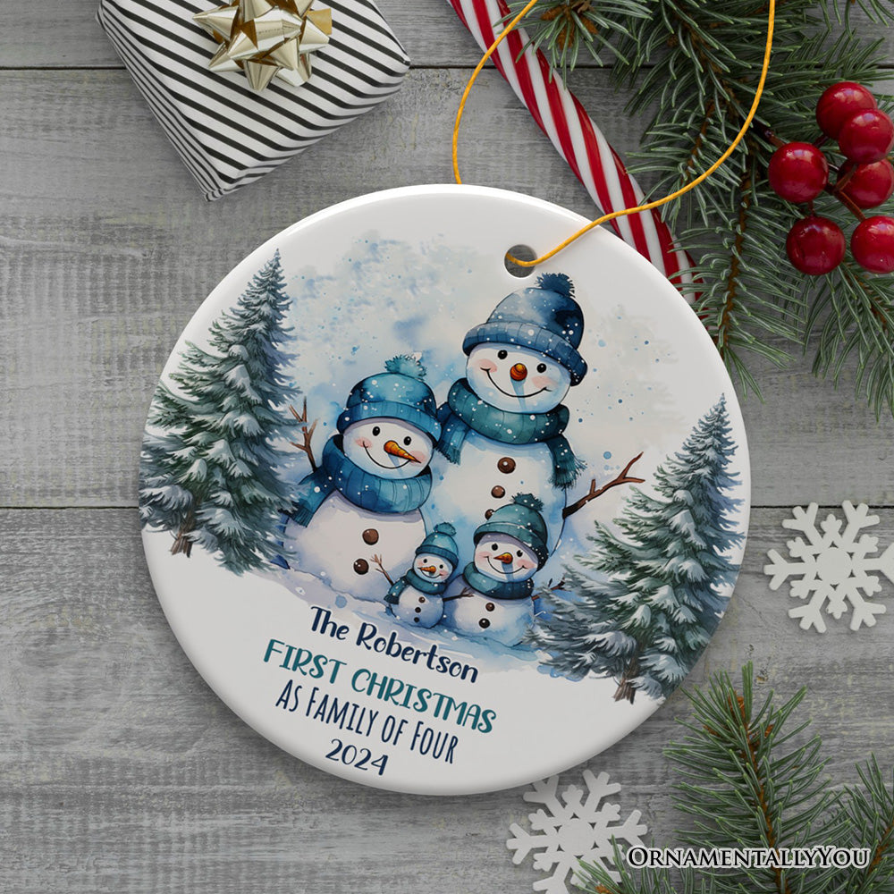 First Christmas Family of Four Personalized Ornament, Cute Artistic Snowmen Christmas Gift With Custom Names and Date