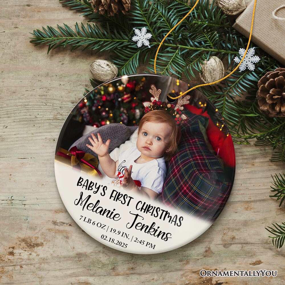 Custom Photo Baby’s First Christmas Tree Ornament, Newborn Size and Weight Ceramic Ornament OrnamentallyYou 