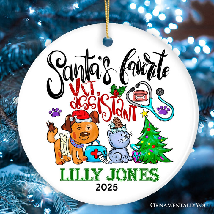 Colorful & Fun Santa's Favorite Vet Assistant's Paw-some Christmas Ornament, Veterinary Animal Health Worker Appreciation Gift Ceramic Ornament OrnamentallyYou Circle 