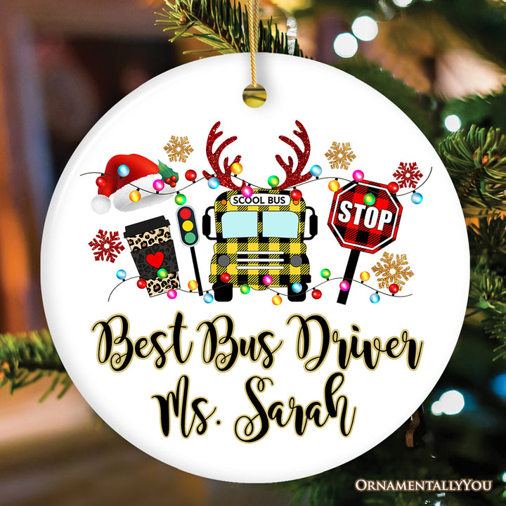 Personalized School Bus Driver Buffalo Plaid Leopard Merry Christmas Ornament Gift