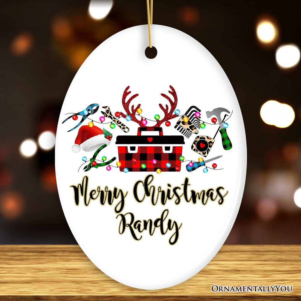 Personalized Handyman Buffalo Plaid Leopard Merry Christmas Ornament Woodworking Gift Ceramic Ornament OrnamentallyYou Oval 