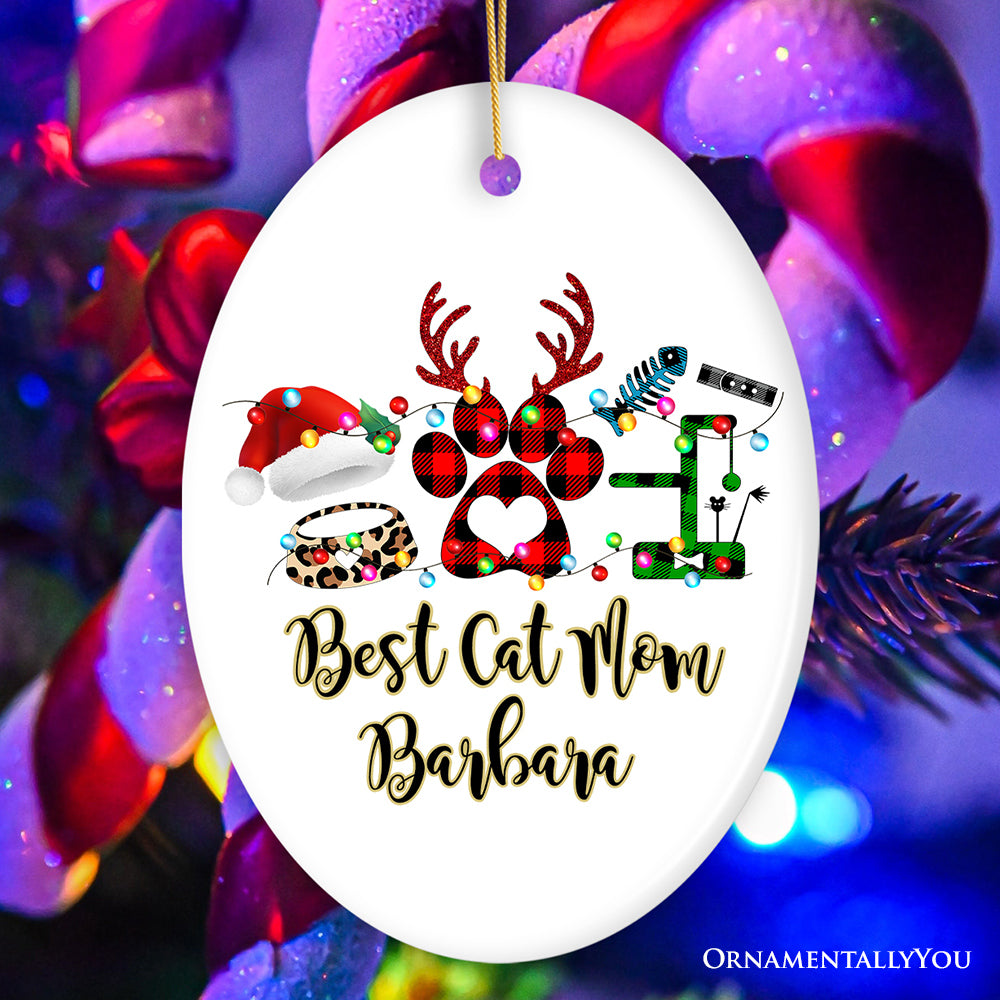 Personalized Cat Buffalo Plaid Leopard Merry Christmas Ornament, Cat Mom Gift