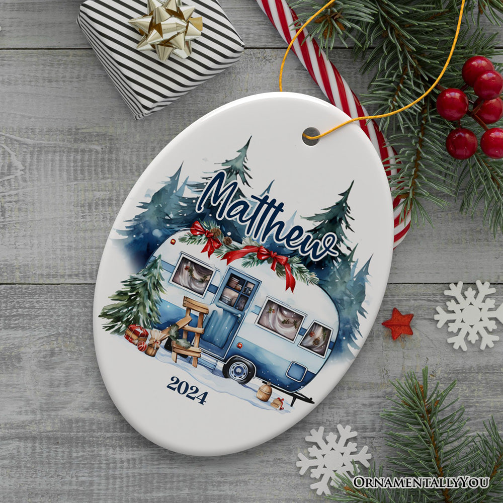 Camping Personalized Ornament, Enchanted Frost Winter Christmas Gift With Custom Name and Date