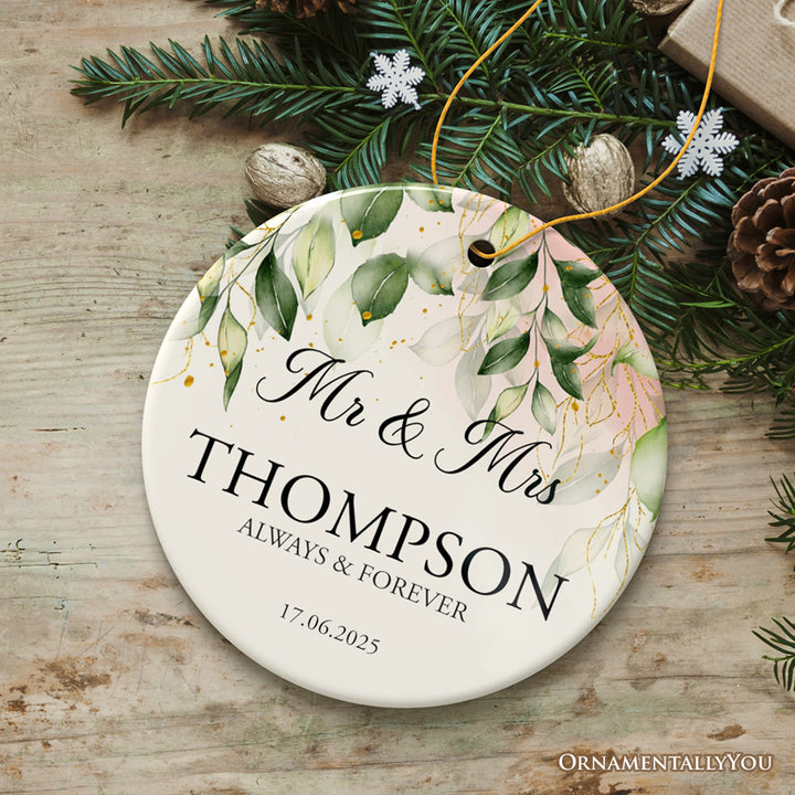 Mr and Mrs Personalized Ornament, Elegant Wedding Couples Gift Ceramic Ornament OrnamentallyYou Circle 