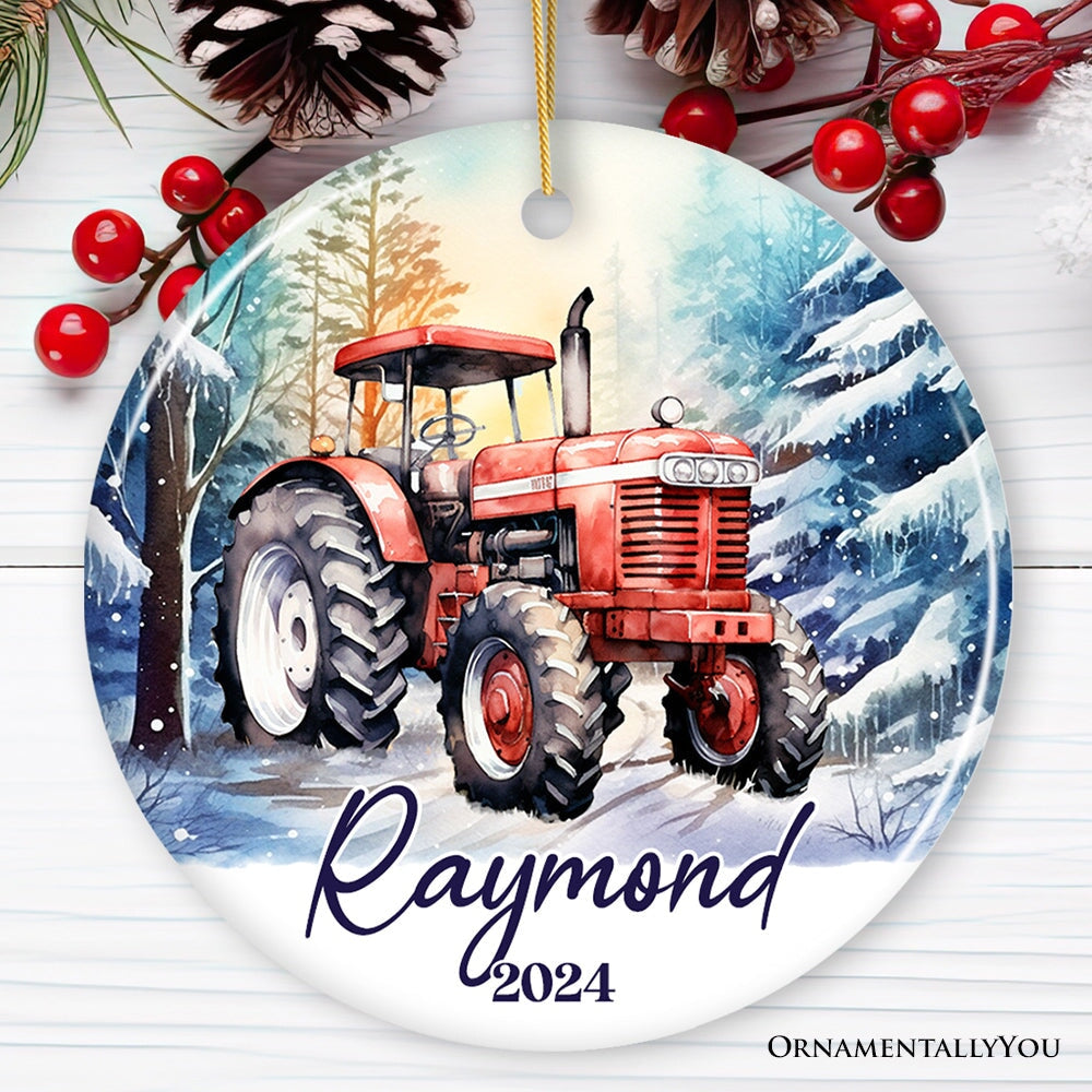 Vintage Tractor Personalized Ornament, Pristine Snowy Serenity Christmas Gift With Custom Name and Date Ceramic Ornament OrnamentallyYou Circle 