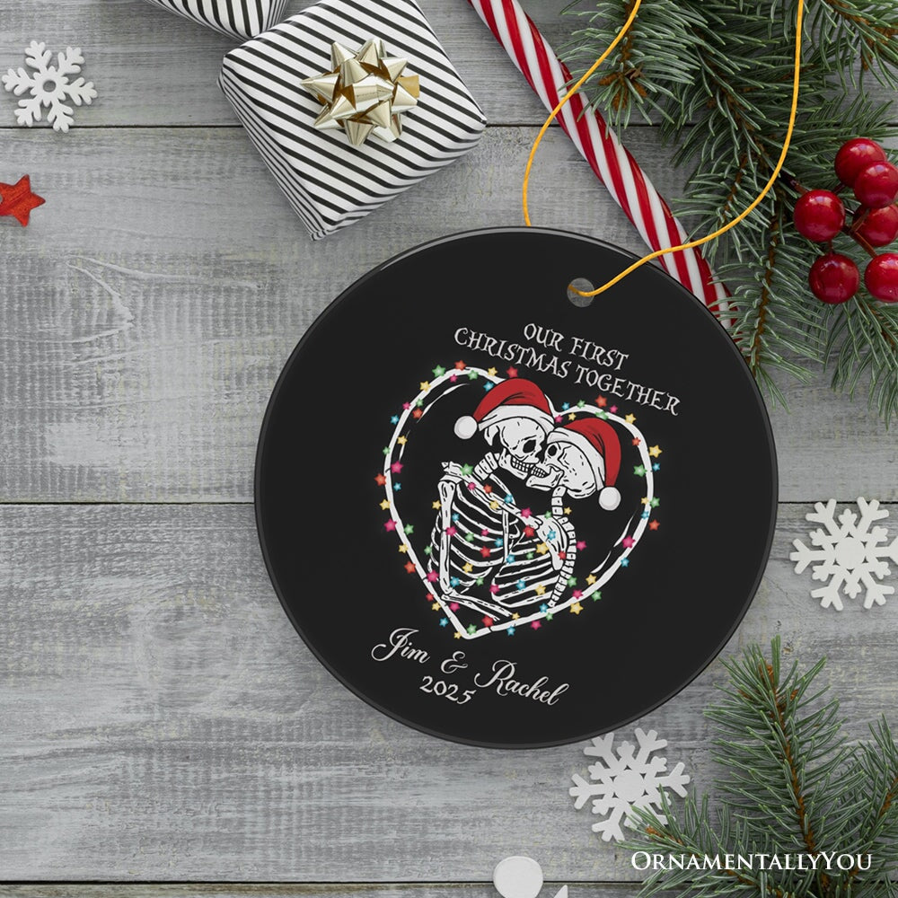 Festive & Fun Skeleton First Christmas Personalized Ornament, Holiday Wedding Keepsake Gift Ceramic Ornament OrnamentallyYou Circle 