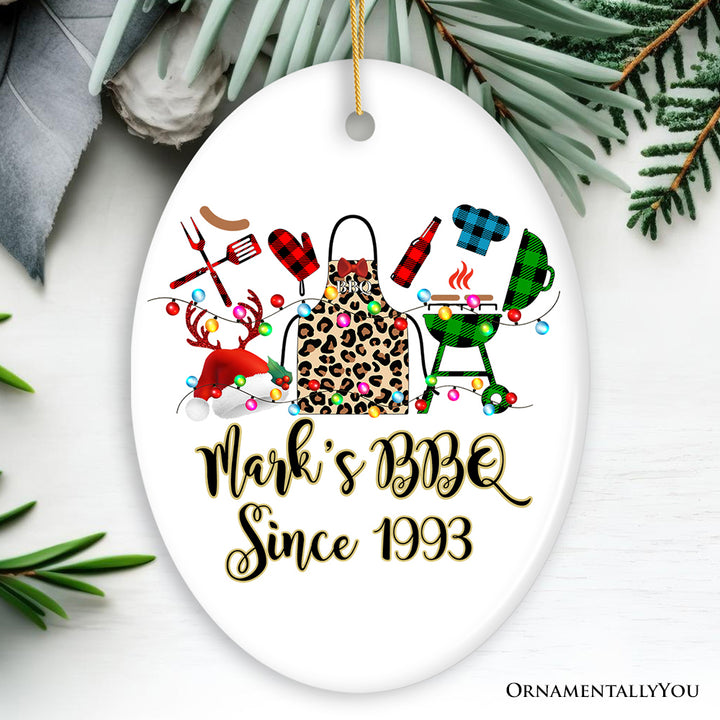 Personalized BBQ Buffalo Plaid Leopard Merry Christmas Ornament, Barbecue Gift