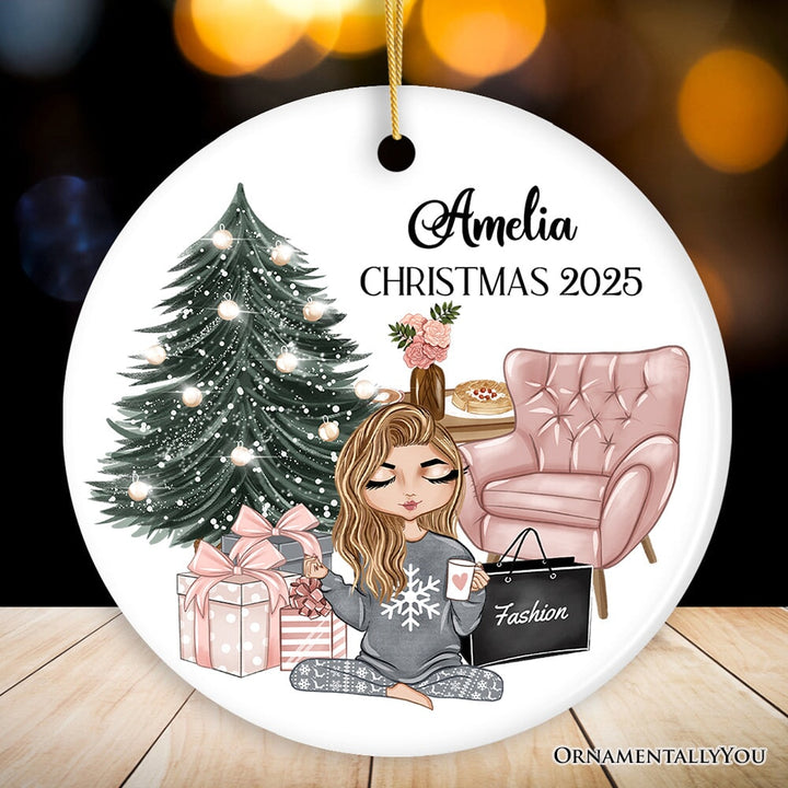 Glamorous Girl Personalized Christmas Ornament, Fashionista Teenager Shopping Addict Holiday Gift Ceramic Ornament OrnamentallyYou Circle 