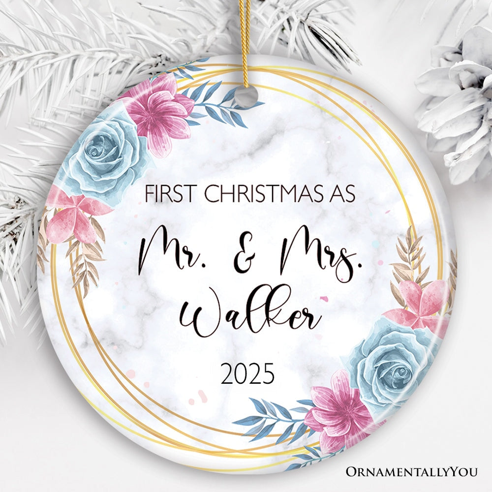 First Christmas As Mr. and Mrs. Personalized Ornament, Marble Watercolor Flowers Round Frame Ceramic Ornament OrnamentallyYou 