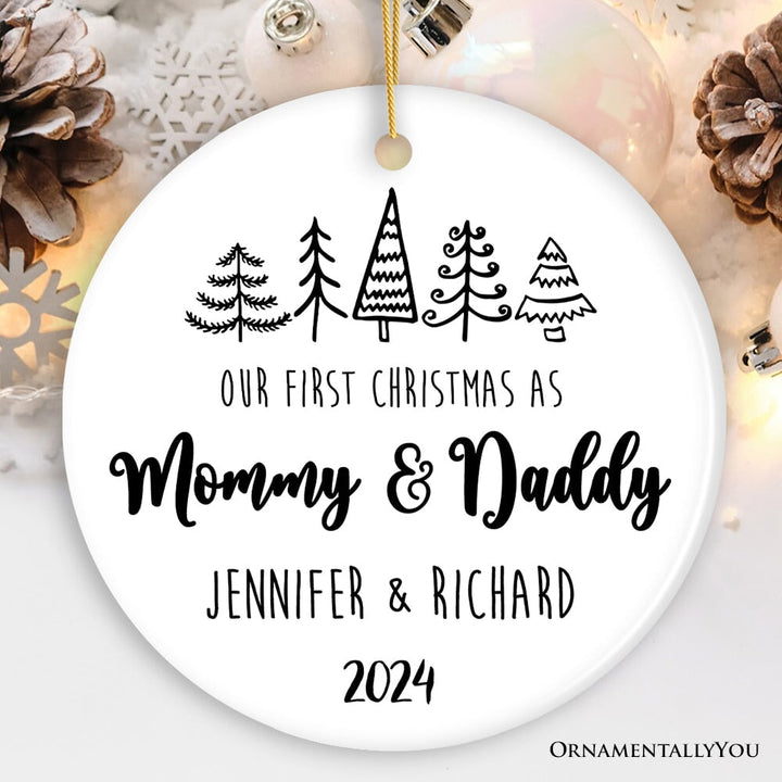 First Christmas as Mommy and Daddy Personalized Ornament, Keep Sake for Parents after First Born Baby Ceramic Ornament OrnamentallyYou Circle 