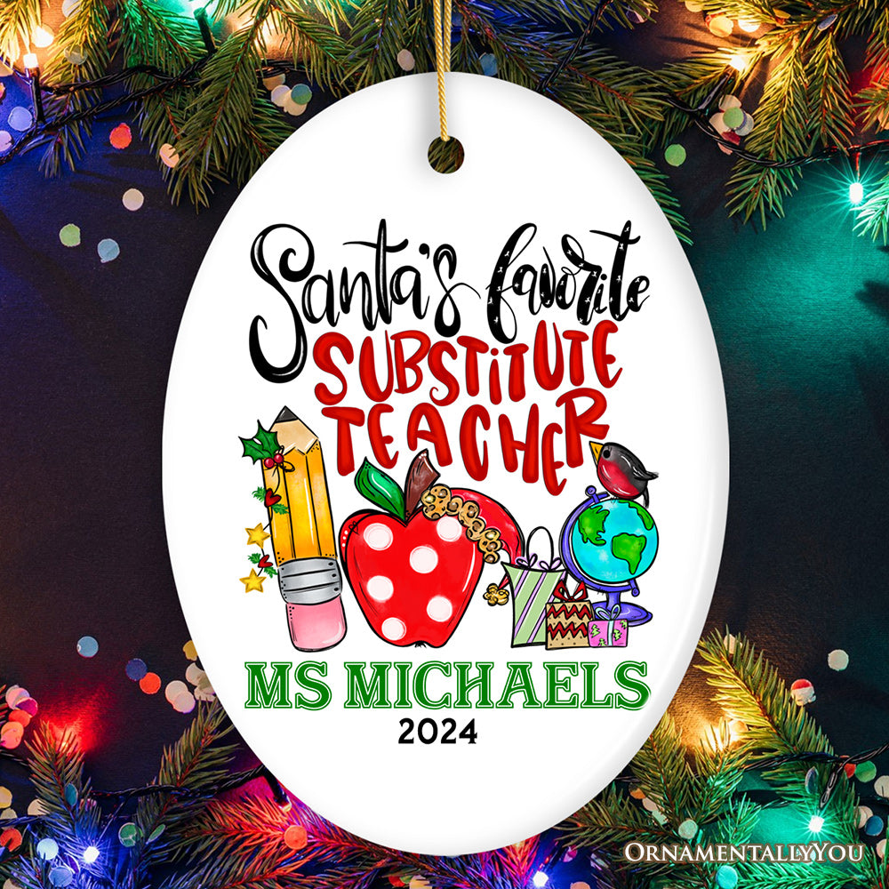 Heartfelt Santa's Favorite Substitute Teacher Personalized Christmas Ornament, School Professor Appreciation Custom Gift