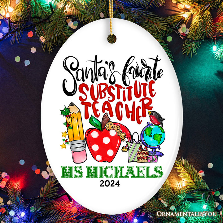 Heartfelt Santa's Favorite Substitute Teacher Personalized Christmas Ornament, School Professor Appreciation Custom Gift