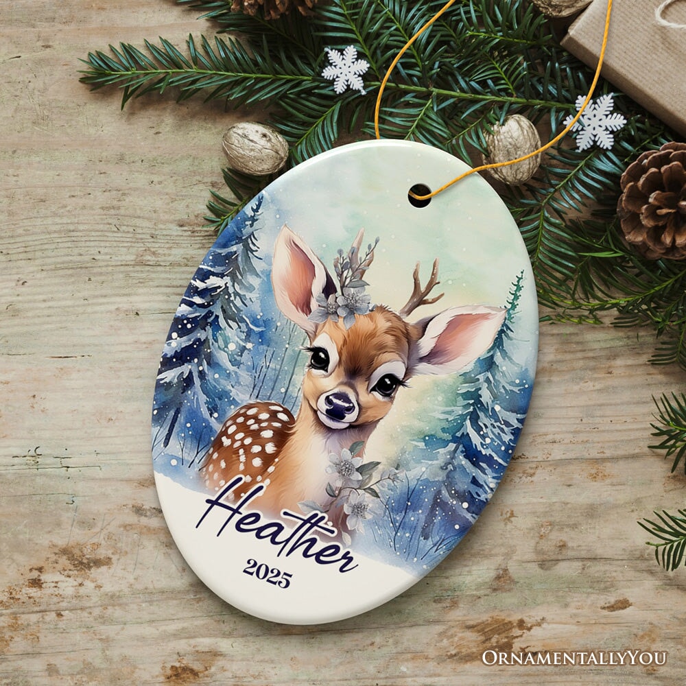 Deer Personalized Ornament, Majestic Winter Forest Christmas Gift With Custom Name and Date Ceramic Ornament OrnamentallyYou Oval 