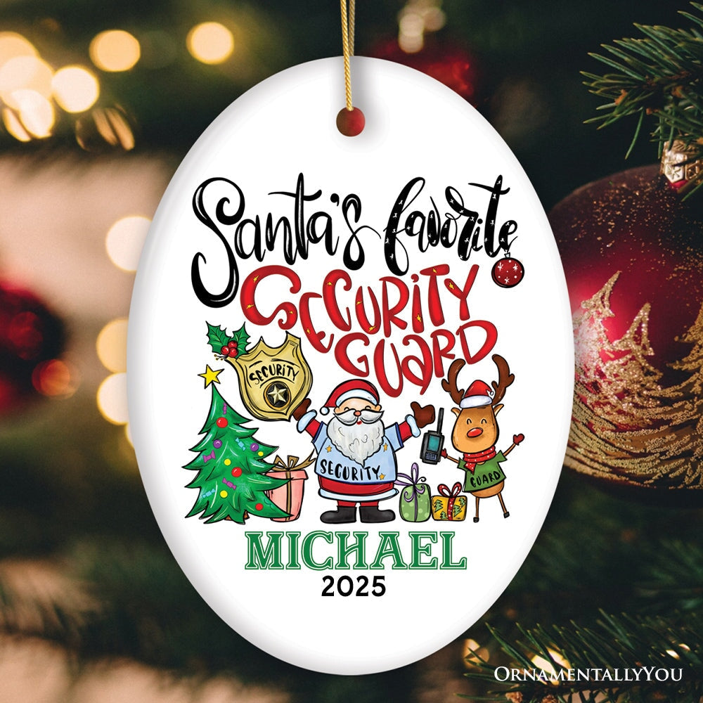 Santa’s Favorite Security Guard Custom Christmas Ornament, Festive and Funny Appreciation Gift Ceramic Ornament OrnamentallyYou Oval 