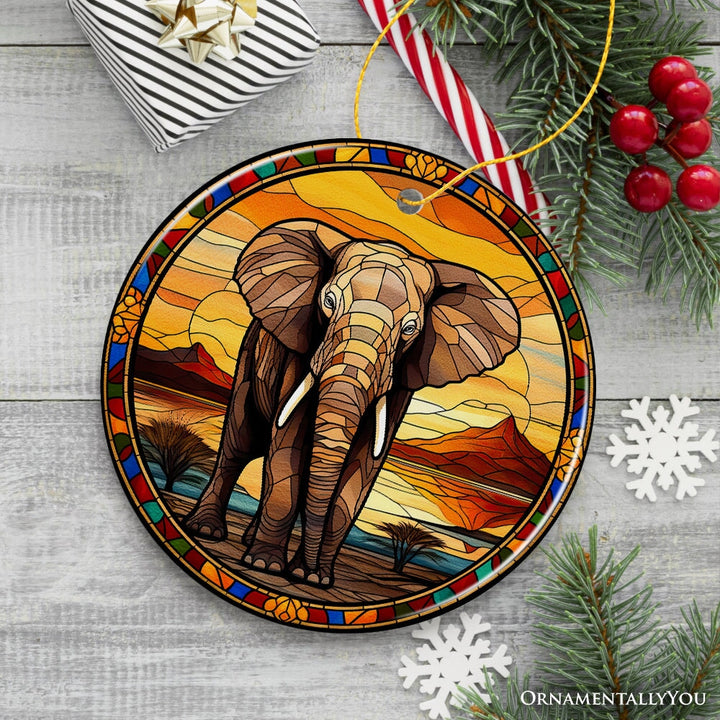 Safari Elephant Trek Stained Glass Style Ceramic Ornament, African Animals Christmas Gift and Decor Ceramic Ornament OrnamentallyYou 