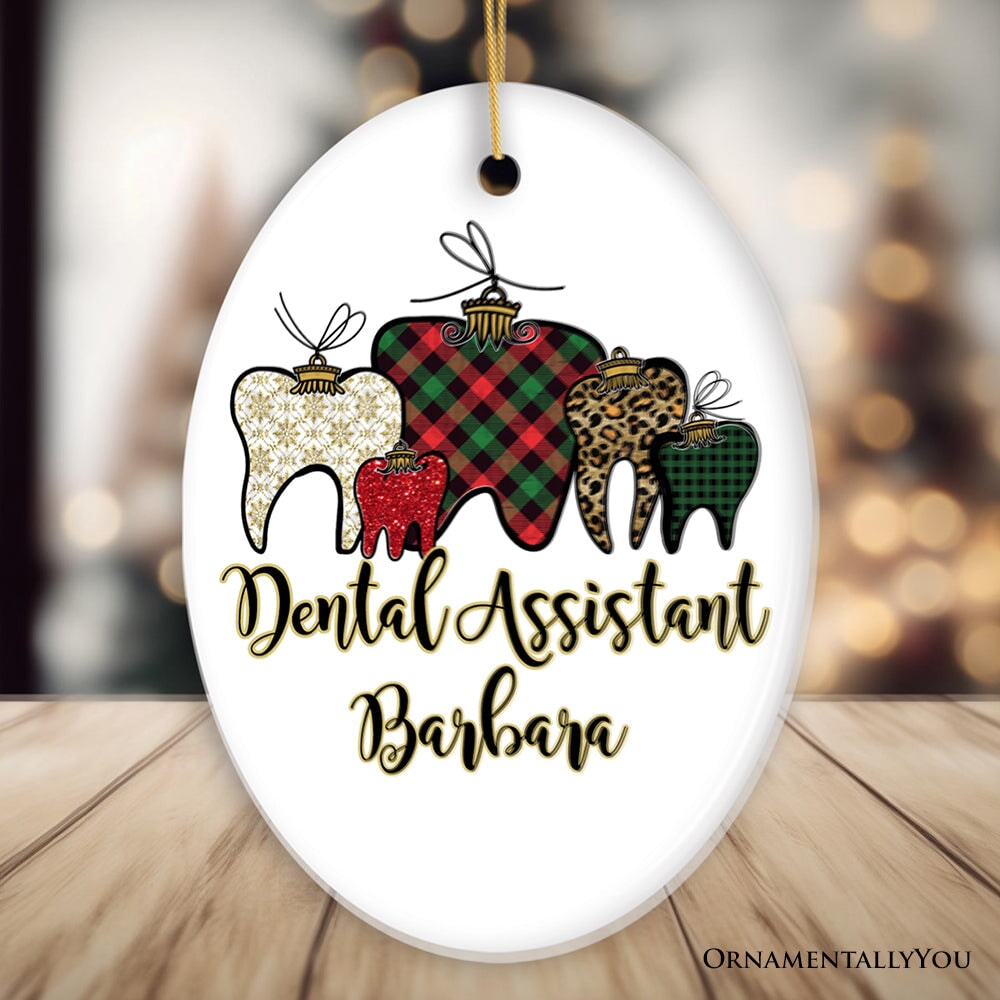Dentist Buffalo Plaid Personalized Christmas Ornament, Funny Dental Student Gift Ceramic Ornament OrnamentallyYou Oval 