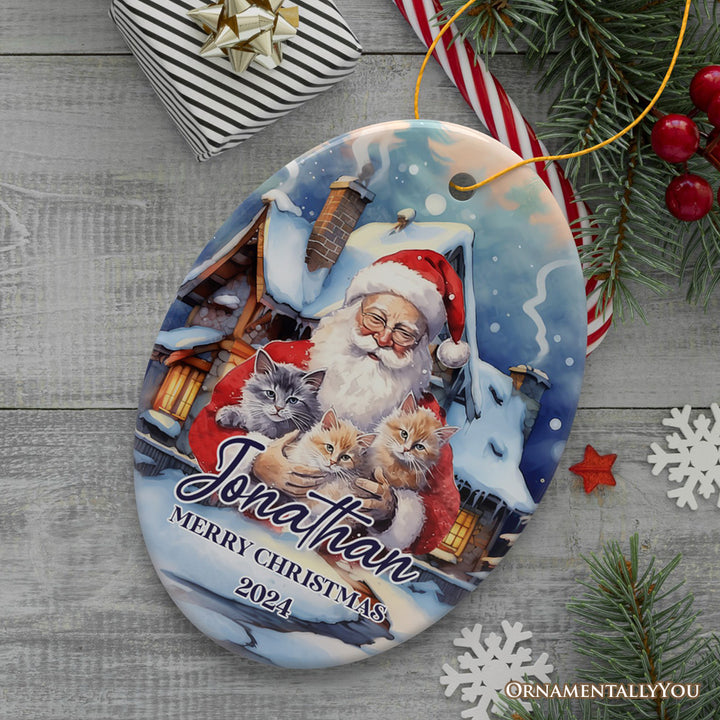 Cute Santa With Cats Personalized Ornament, Festive Christmas Gift With Custom Name and Date