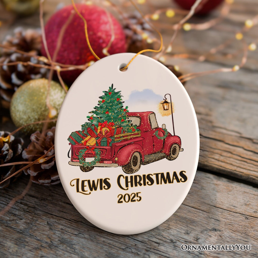 Vintage Red Truck Personalized Ornament, Christmas Keepsake Family Gift Ceramic Ornament OrnamentallyYou Oval 