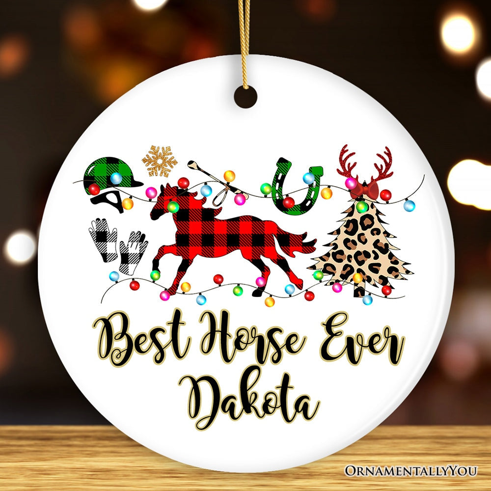 Personalized Horse Buffalo Plaid Leopard Merry Christmas Ornament, Equestrian Gift Ceramic Ornament OrnamentallyYou Circle 