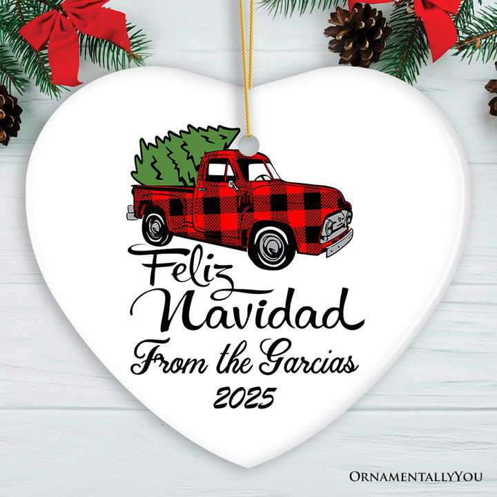 Personalized Feliz Navidad Plaid Red Truck Family Christmas Ornament