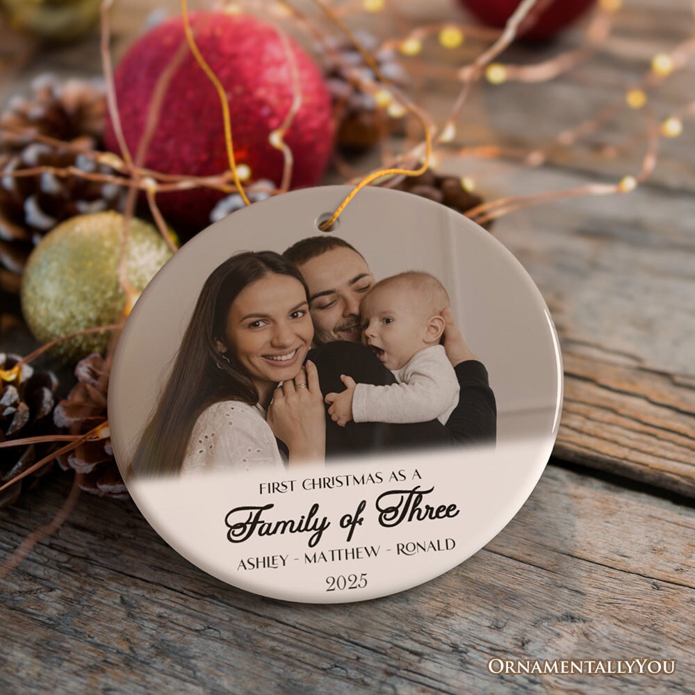 First Christmas Family of Three Personalized Photo Ornament, New Baby Portrait Gift Ceramic Ornament OrnamentallyYou 