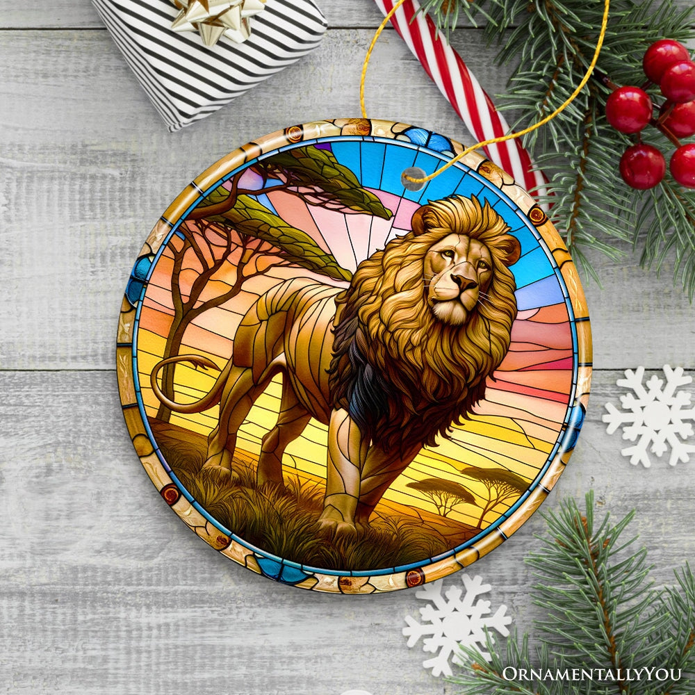 Kings of the Savannah Lion Stained Glass Style Ceramic Ornament, African Animals Christmas Gift and Decor Ceramic Ornament OrnamentallyYou 