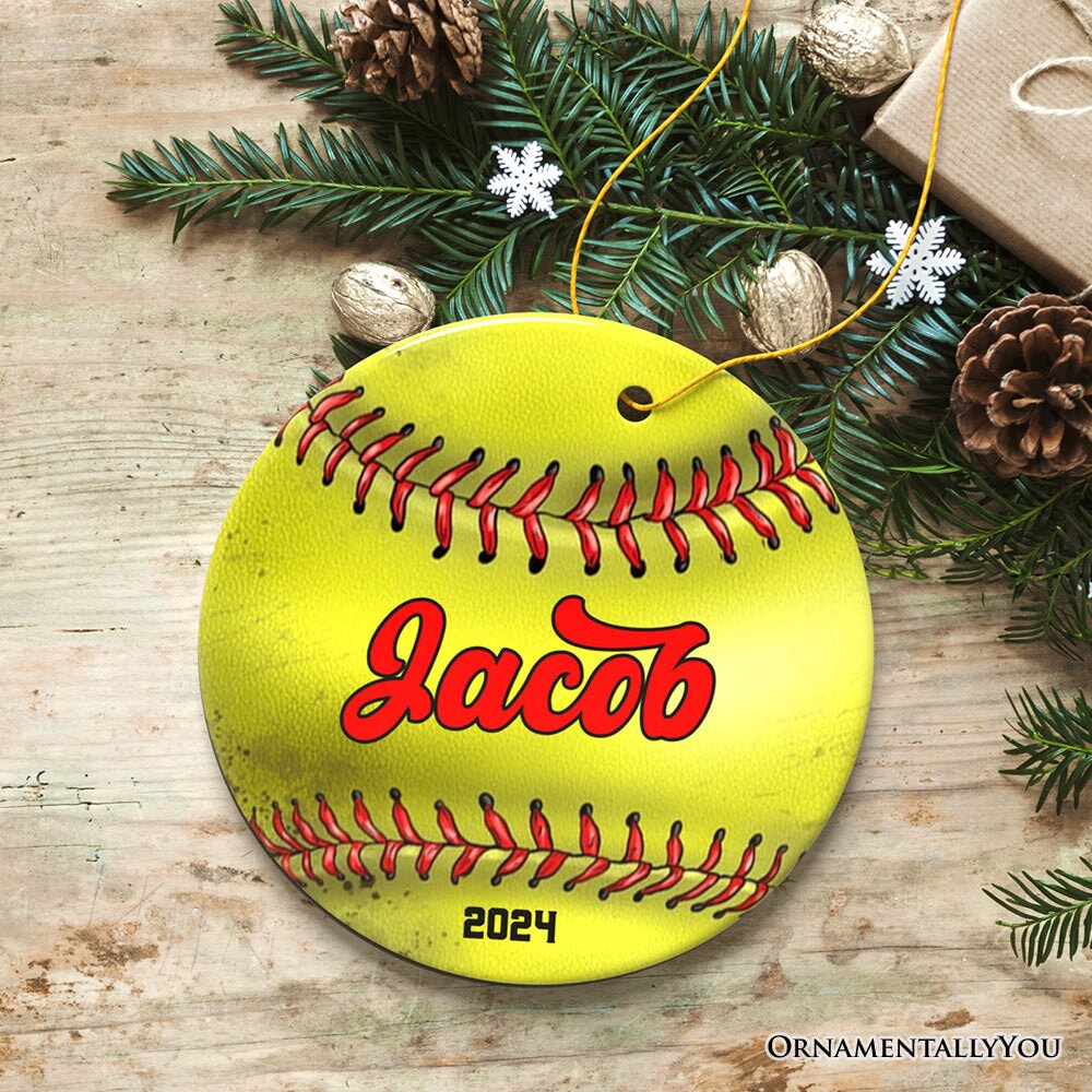 Personalized Softball Christmas Ornament, Festive Holiday Theme with Name and Date Ceramic Ornament OrnamentallyYou 