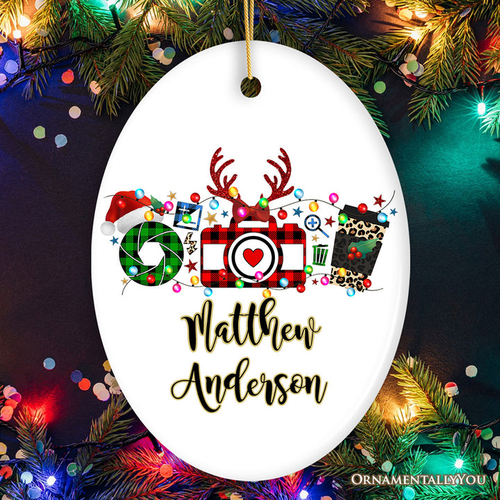 Personalized Photographer Buffalo Plaid Christmas Ornament, Photography Accessories like Camera, Holiday Gift