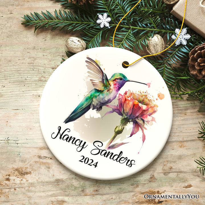 Personalized Artistic Hummingbird Watercolor Ornament, Custom Name and Date Gift