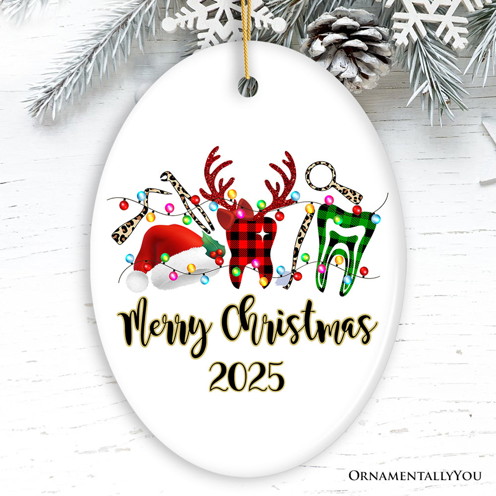 Personalized Dentist Buffalo Plaid Leopard Merry Christmas Ornament, Dental Gift