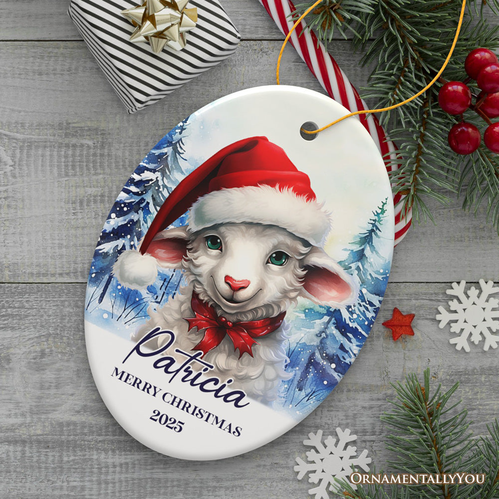 Sheep with Santa Hat Personalized Ornament, Winter Forest Christmas Gift With Custom Name and Date