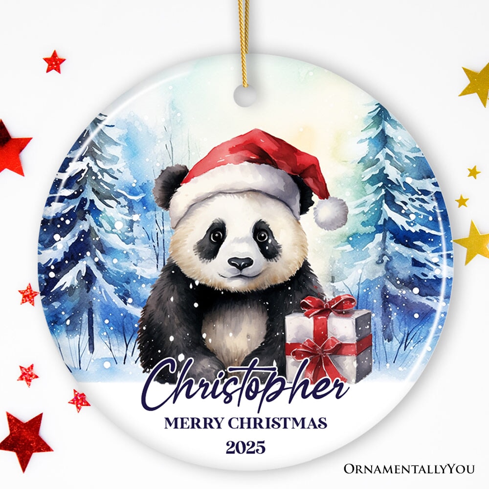 Panda with Santa Hat Personalized Ornament, Winter Forest Christmas Gift With Custom Name and Date Ceramic Ornament OrnamentallyYou Circle 