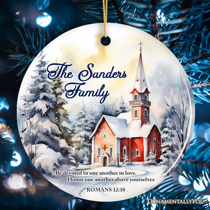Winter Church Watercolor Art Personalized Ornament, Christmas Gift for Christian Family Ceramic Ornament OrnamentallyYou Circle 