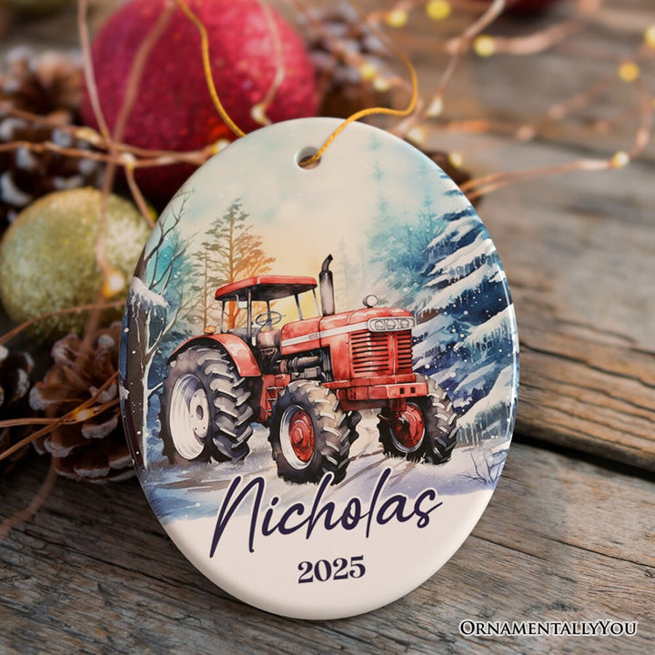 Vintage Tractor Personalized Ornament, Pristine Snowy Serenity Christmas Gift With Custom Name and Date Ceramic Ornament OrnamentallyYou Oval 