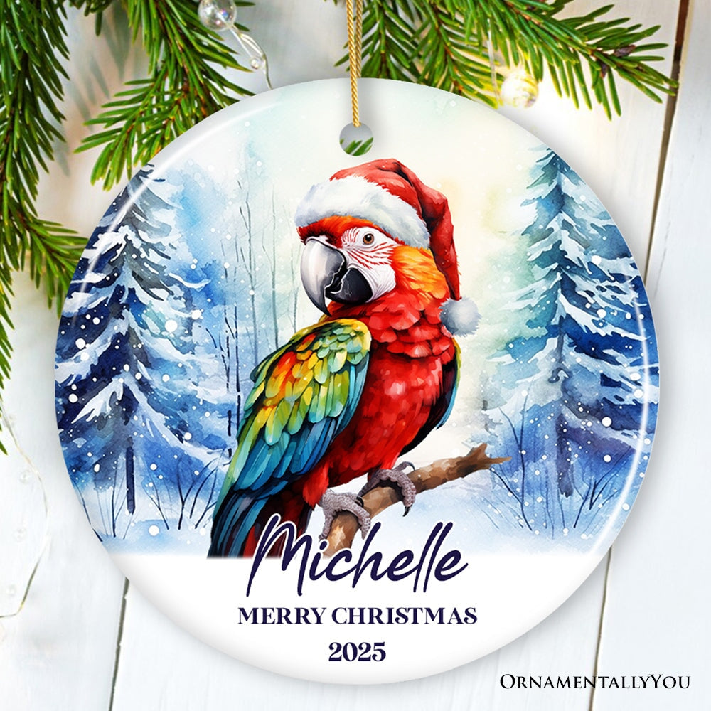 Macaw Parrot with Santa Hat Personalized Ornament, Winter Forest Christmas Gift With Custom Name and Date Ceramic Ornament OrnamentallyYou Circle 