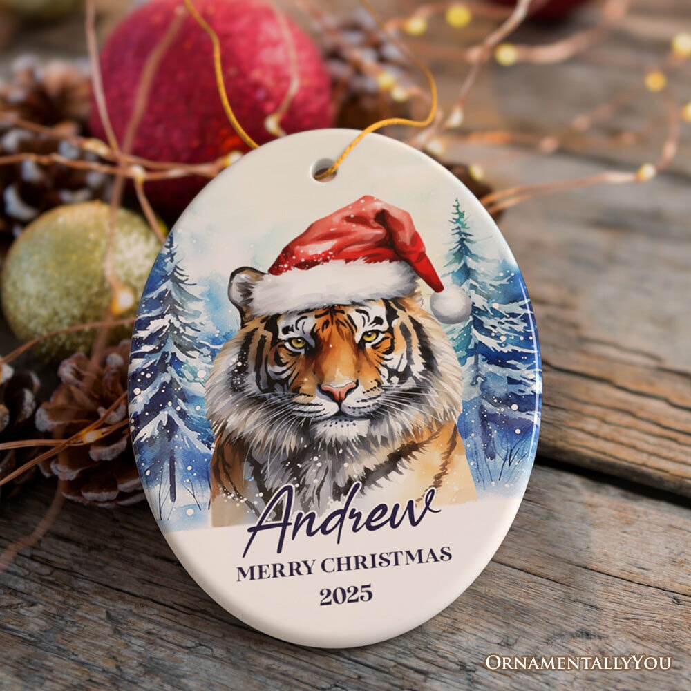 Tiger with Santa Hat Personalized Ornament, Winter Forest Christmas Gift With Custom Name and Date Ceramic Ornament OrnamentallyYou Oval 