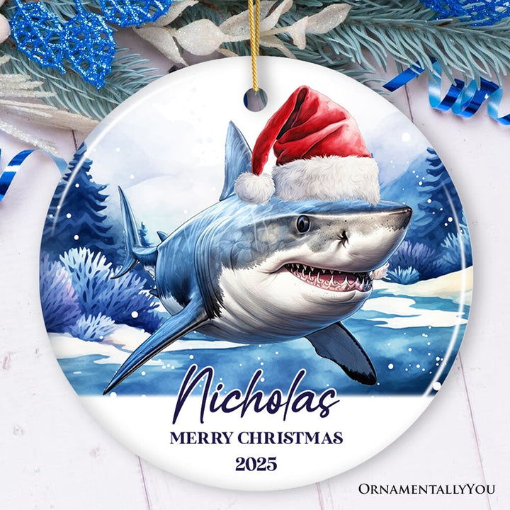 Shark with Santa Hat Personalized Ornament, Festive Christmas Gift With Custom Name and Date Ceramic Ornament OrnamentallyYou Circle 