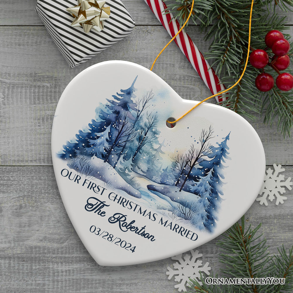 Winter Wonderland Forest Personalize Ornament, First Christmas Married Couple Gift