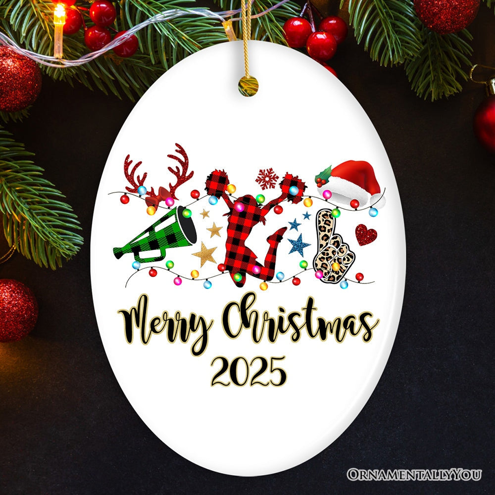 Personalized Cheer Buffalo Plaid Leopard Merry Christmas Ornament, Cheer Team or Coach Gift Ceramic Ornament OrnamentallyYou Oval 