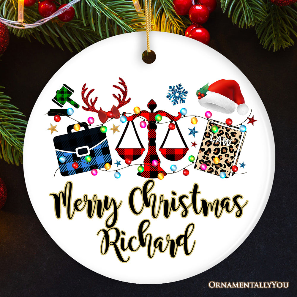 Personalized Law and Legal Theme Buffalo Plaid Christmas Ornament, Lawyer and Paralegal Clerk Gift