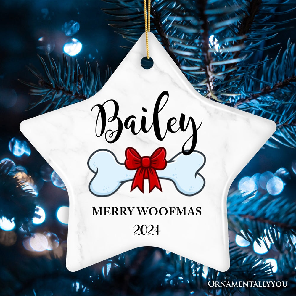 Dog Personalized Merry Woofmas Ornament With Bone, Custom Name and Date Puppy Gift Ceramic Ornament OrnamentallyYou Star 