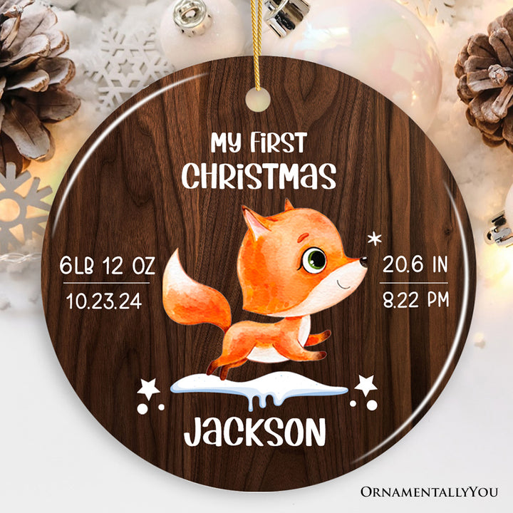 Baby’s First Christmas Ornament Fox Theme with Date, Time, and Weight